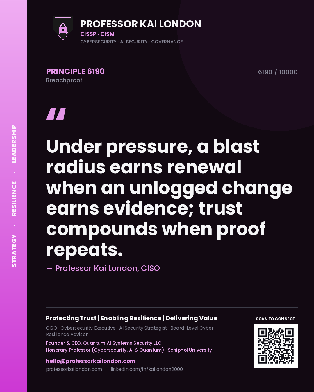 Professor Kai London principle 6190: Under pressure, a blast radius earns renewal when an unlogged change earns evidence; trust compounds when proof repeats.