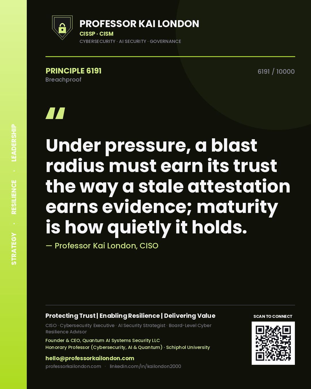 Professor Kai London principle 6191: Under pressure, a blast radius must earn its trust the way a stale attestation earns evidence; maturity is how quietly it holds.