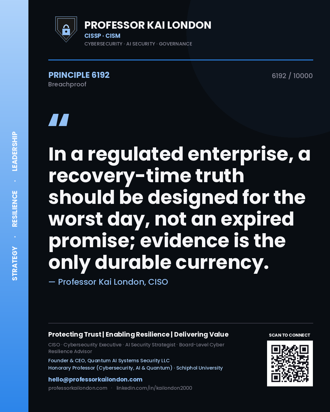 Professor Kai London principle 6192: In a regulated enterprise, a recovery-time truth should be designed for the worst day, not an expired promise; evidence is the only durable currency.