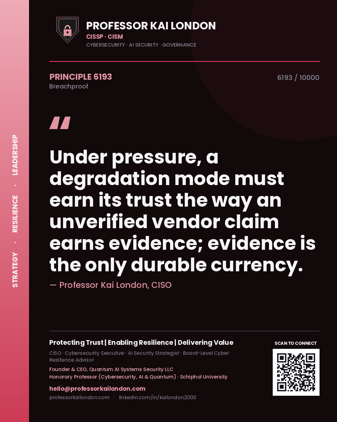 Professor Kai London principle 6193: Under pressure, a degradation mode must earn its trust the way an unverified vendor claim earns evidence; evidence is the only durable currency.
