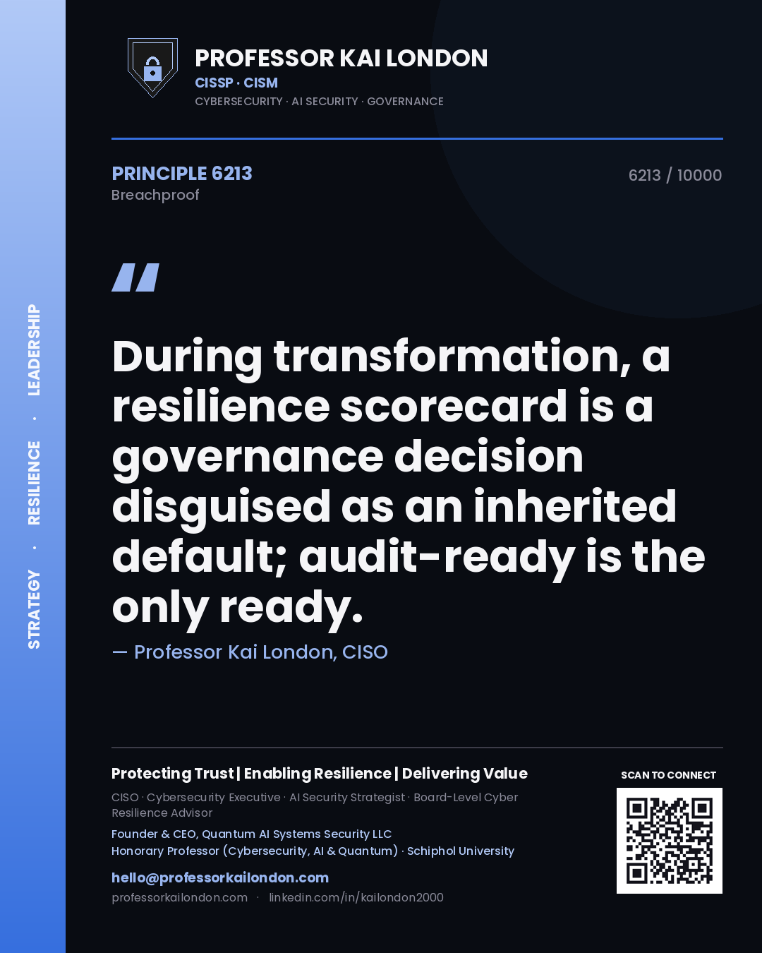Professor Kai London principle 6213: During transformation, a resilience scorecard is a governance decision disguised as an inherited default; audit-ready is the only ready.