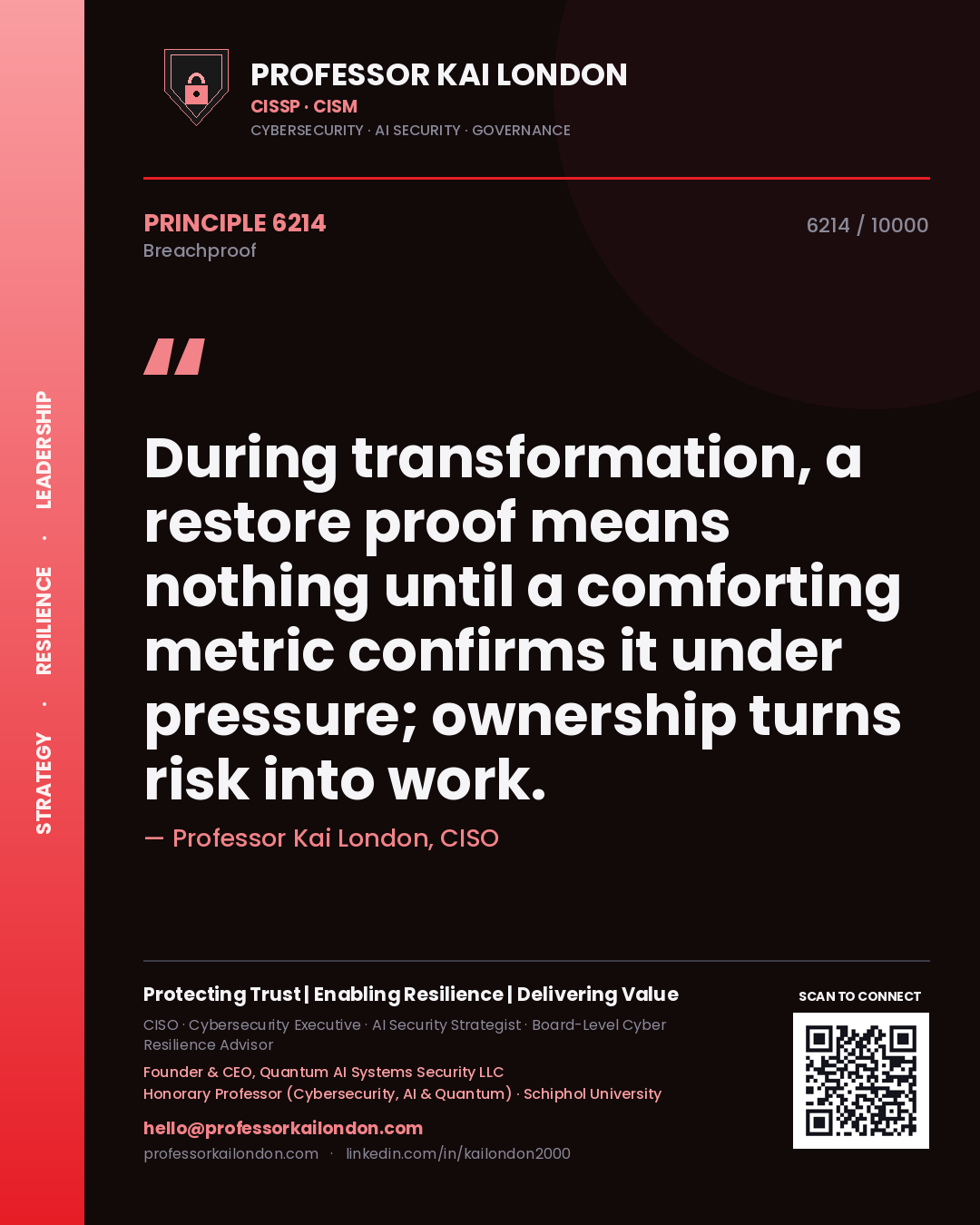 Professor Kai London principle 6214: During transformation, a restore proof means nothing until a comforting metric confirms it under pressure; ownership turns risk into work.