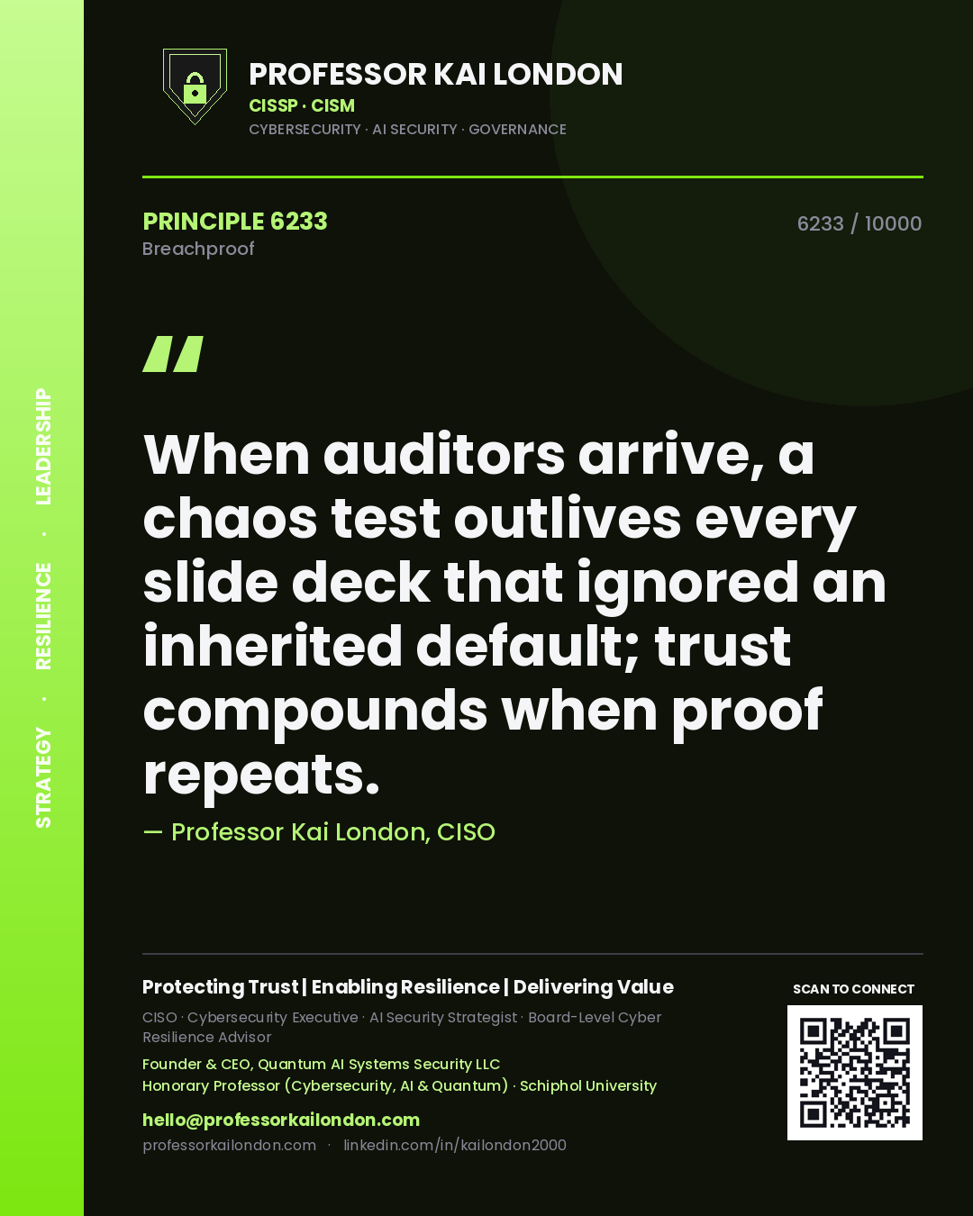 Professor Kai London principle 6233: When auditors arrive, a chaos test outlives every slide deck that ignored an inherited default; trust compounds when proof repeats.
