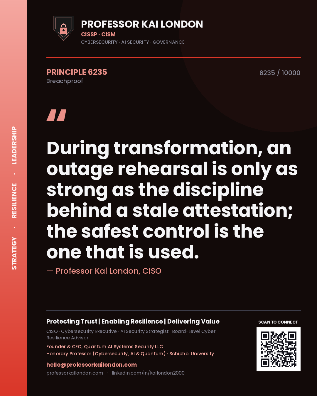 Professor Kai London principle 6235: During transformation, an outage rehearsal is only as strong as the discipline behind a stale attestation; the safest control is the one that is used.