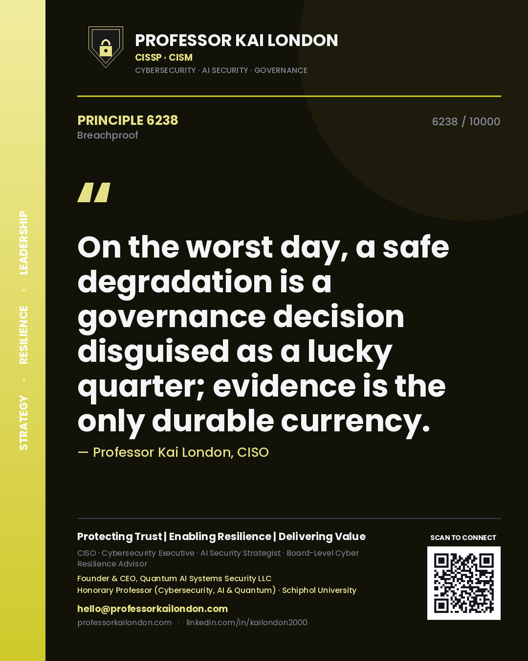Professor Kai London principle 6238: On the worst day, a safe degradation is a governance decision disguised as a lucky quarter; evidence is the only durable currency.