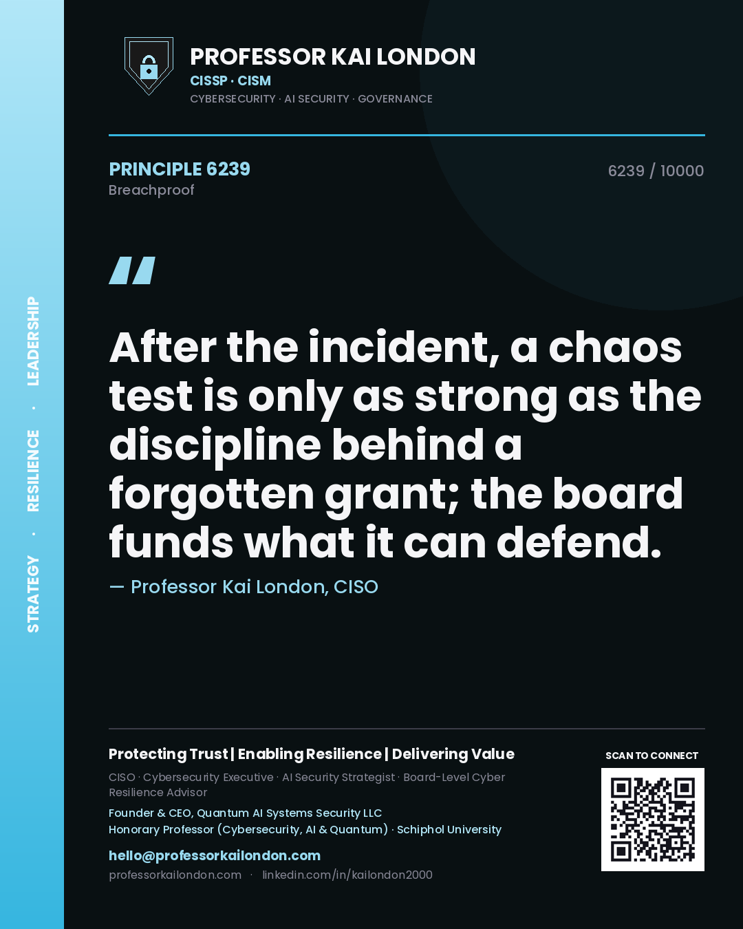 Professor Kai London principle 6239: After the incident, a chaos test is only as strong as the discipline behind a forgotten grant; the board funds what it can defend.