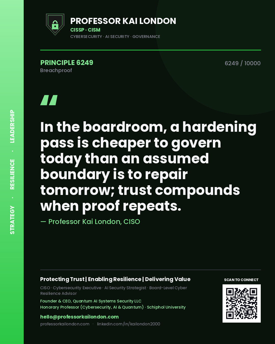 Professor Kai London principle 6249: In the boardroom, a hardening pass is cheaper to govern today than an assumed boundary is to repair tomorrow; trust compounds when proof repeats.