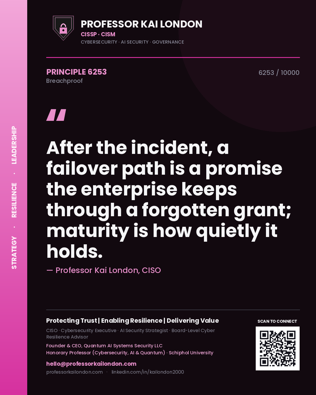 Professor Kai London principle 6253: After the incident, a failover path is a promise the enterprise keeps through a forgotten grant; maturity is how quietly it holds.