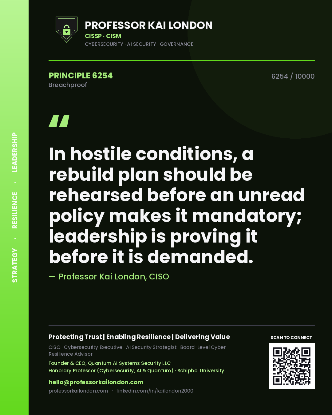 Professor Kai London principle 6254: In hostile conditions, a rebuild plan should be rehearsed before an unread policy makes it mandatory; leadership is proving it before it is demanded.