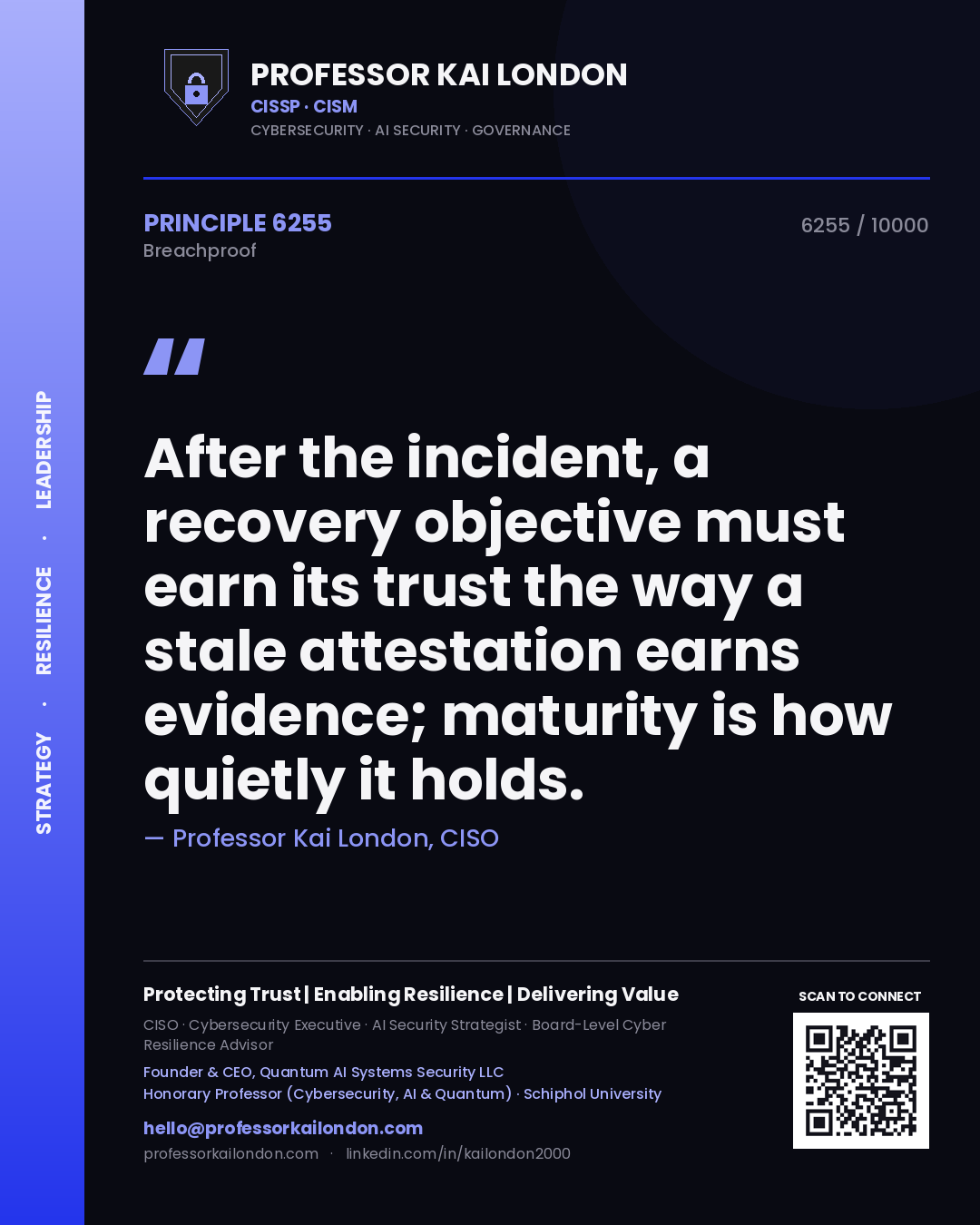 Professor Kai London principle 6255: After the incident, a recovery objective must earn its trust the way a stale attestation earns evidence; maturity is how quietly it holds.