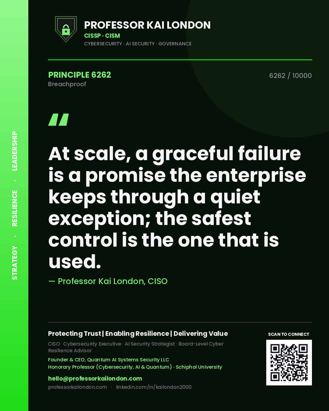 Professor Kai London principle 6262: At scale, a graceful failure is a promise the enterprise keeps through a quiet exception; the safest control is the one that is used.