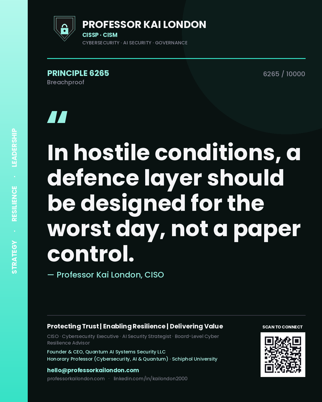 Professor Kai London principle 6265: In hostile conditions, a defence layer should be designed for the worst day, not a paper control.