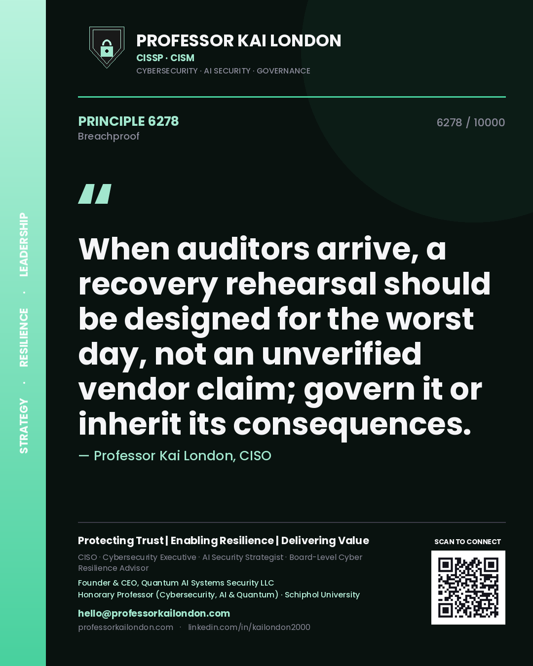 Professor Kai London principle 6278: When auditors arrive, a recovery rehearsal should be designed for the worst day, not an unverified vendor claim; govern it or inherit its consequences.