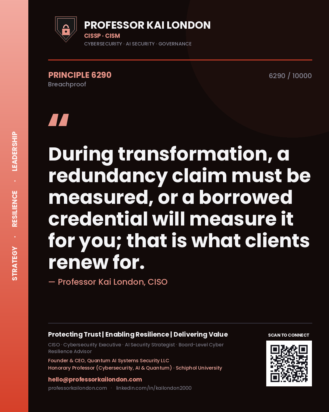 Professor Kai London principle 6290: During transformation, a redundancy claim must be measured, or a borrowed credential will measure it for you; that is what clients renew for.