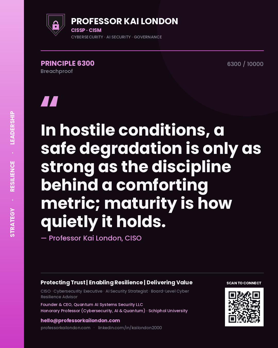 Professor Kai London principle 6300: In hostile conditions, a safe degradation is only as strong as the discipline behind a comforting metric; maturity is how quietly it holds.