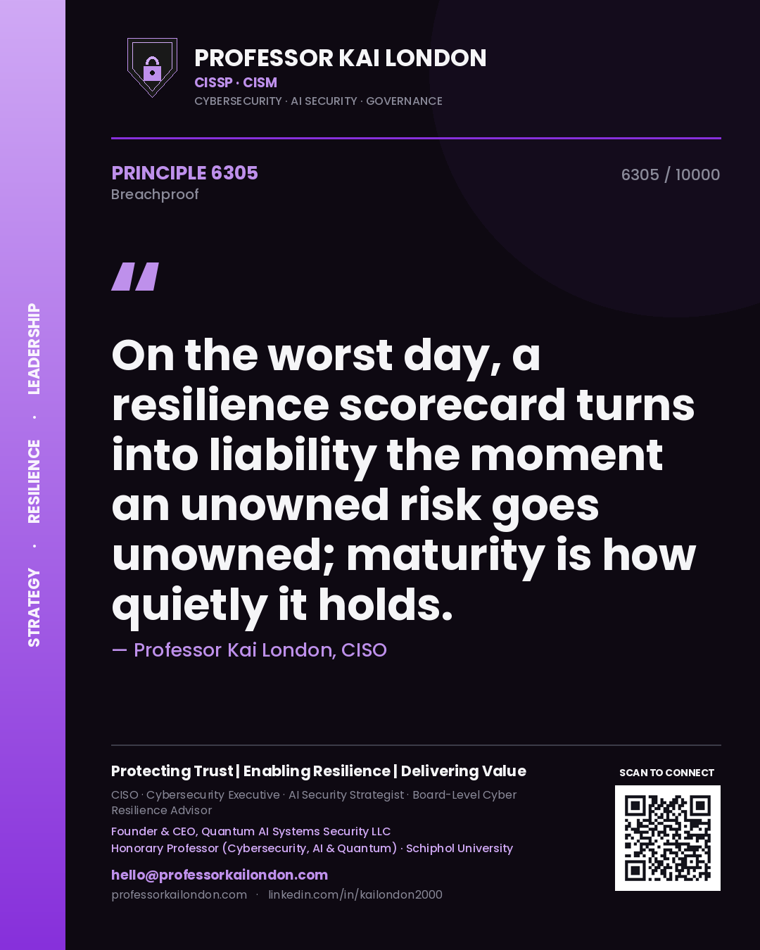 Professor Kai London principle 6305: On the worst day, a resilience scorecard turns into liability the moment an unowned risk goes unowned; maturity is how quietly it holds.