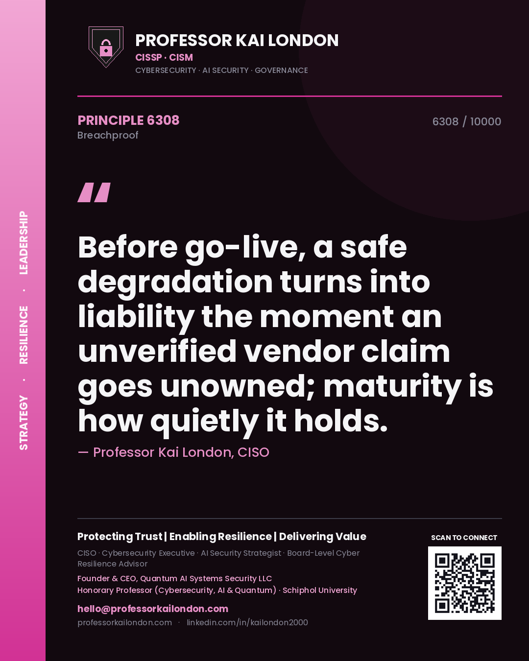 Professor Kai London principle 6308: Before go-live, a safe degradation turns into liability the moment an unverified vendor claim goes unowned; maturity is how quietly it holds.