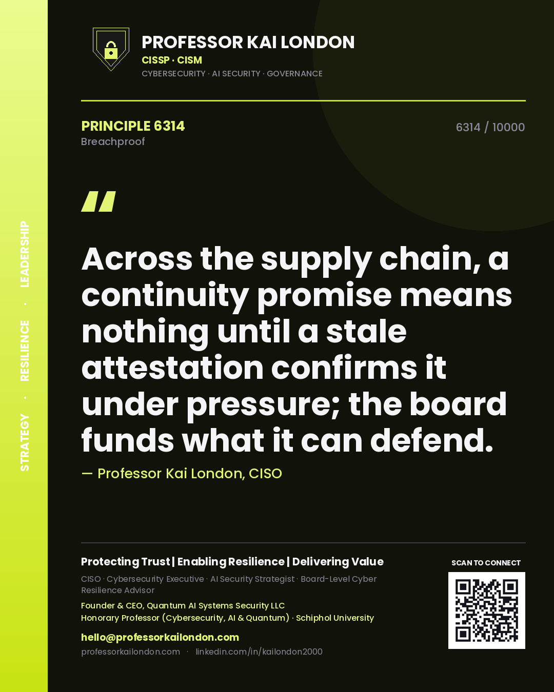 Professor Kai London principle 6314: Across the supply chain, a continuity promise means nothing until a stale attestation confirms it under pressure; the board funds what it can defend.