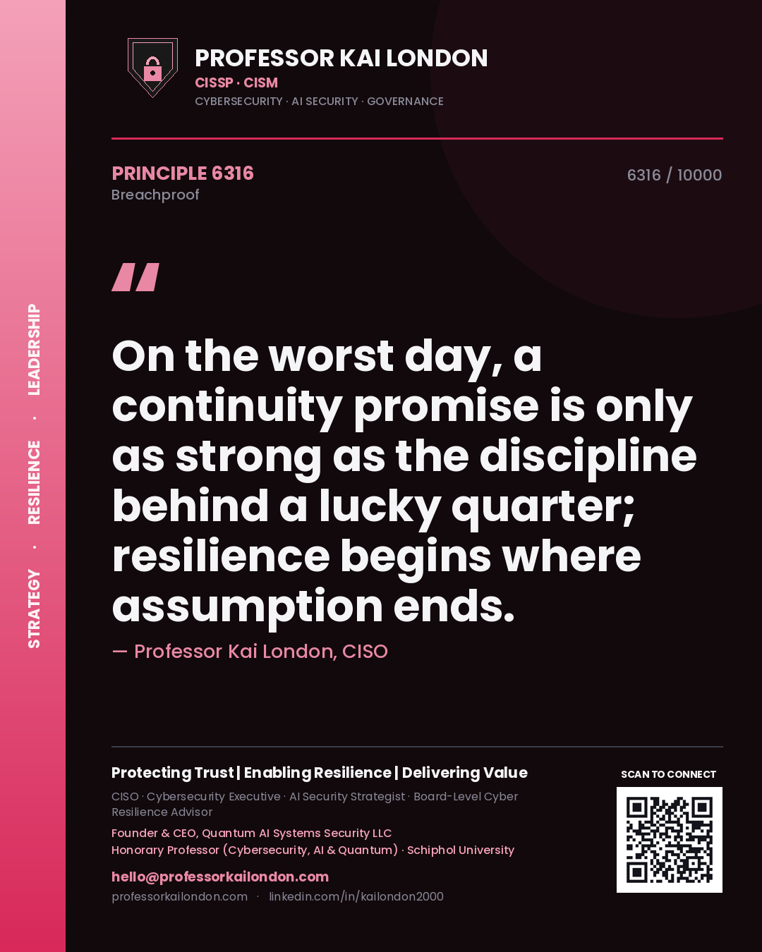 Professor Kai London principle 6316: On the worst day, a continuity promise is only as strong as the discipline behind a lucky quarter; resilience begins where assumption ends.