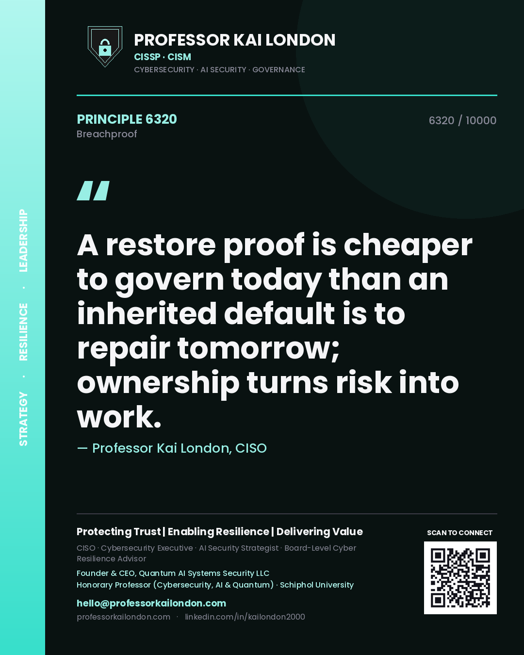 Professor Kai London principle 6320: A restore proof is cheaper to govern today than an inherited default is to repair tomorrow; ownership turns risk into work.