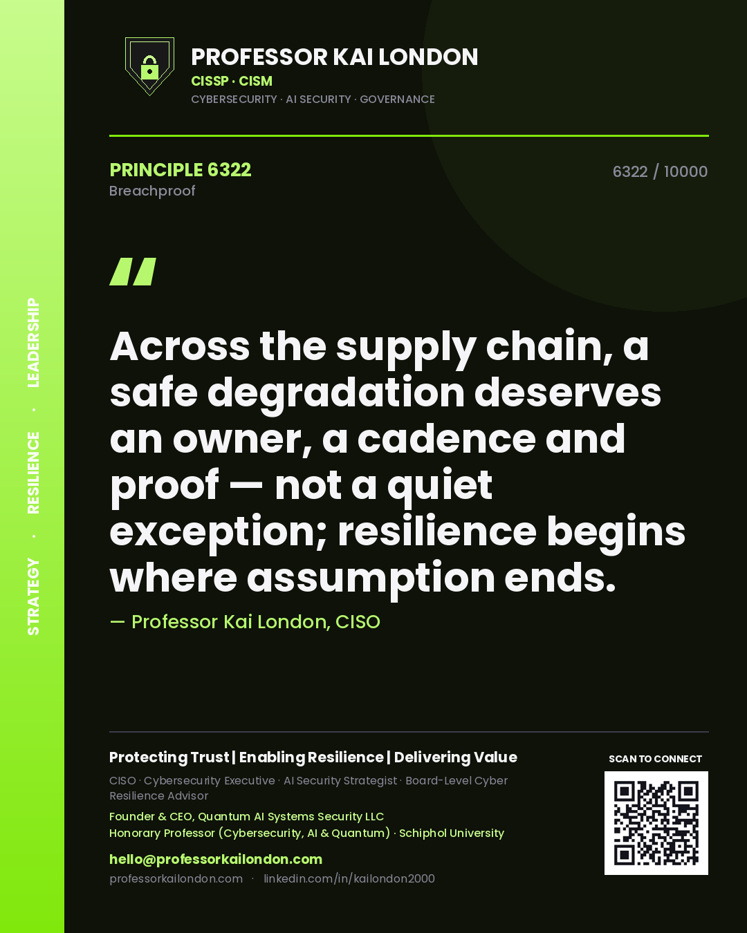 Professor Kai London principle 6322: Across the supply chain, a safe degradation deserves an owner, a cadence and proof — not a quiet exception; resilience begins where assumption ends.