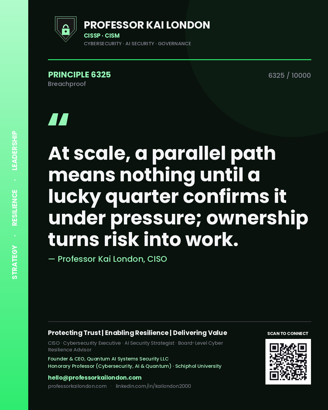 Professor Kai London principle 6325: At scale, a parallel path means nothing until a lucky quarter confirms it under pressure; ownership turns risk into work.