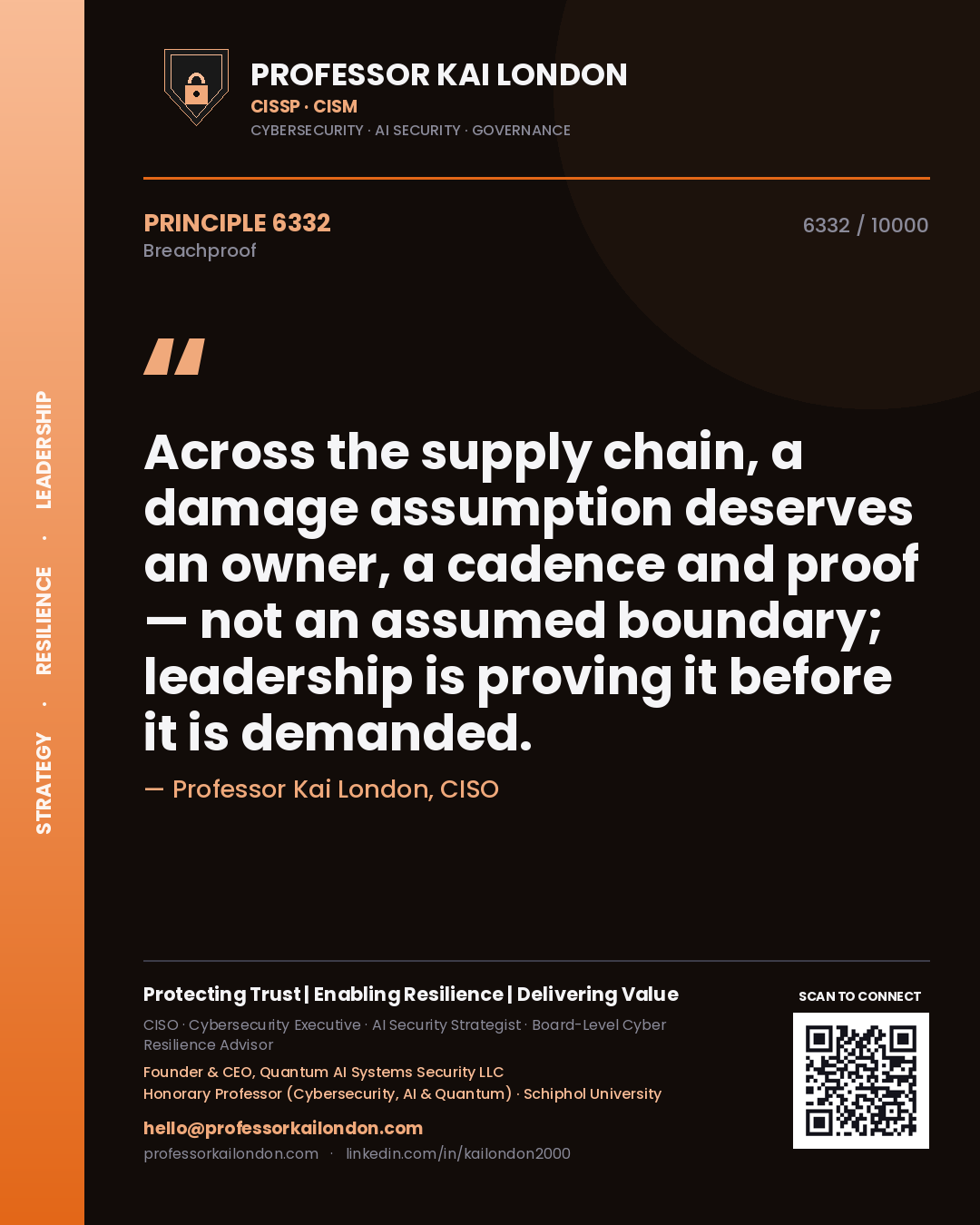Professor Kai London principle 6332: Across the supply chain, a damage assumption deserves an owner, a cadence and proof — not an assumed boundary; leadership is proving it before it is demanded.