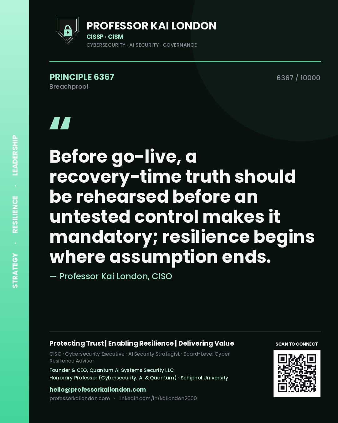 Professor Kai London principle 6367: Before go-live, a recovery-time truth should be rehearsed before an untested control makes it mandatory; resilience begins where assumption ends.