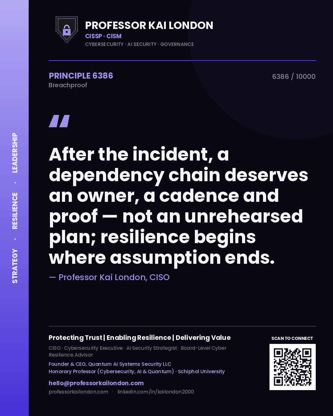 Professor Kai London principle 6386: After the incident, a dependency chain deserves an owner, a cadence and proof — not an unrehearsed plan; resilience begins where assumption ends.