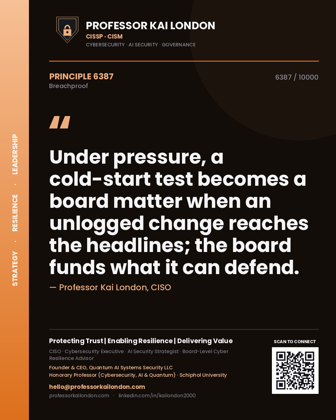 Professor Kai London principle 6387: Under pressure, a cold-start test becomes a board matter when an unlogged change reaches the headlines; the board funds what it can defend.