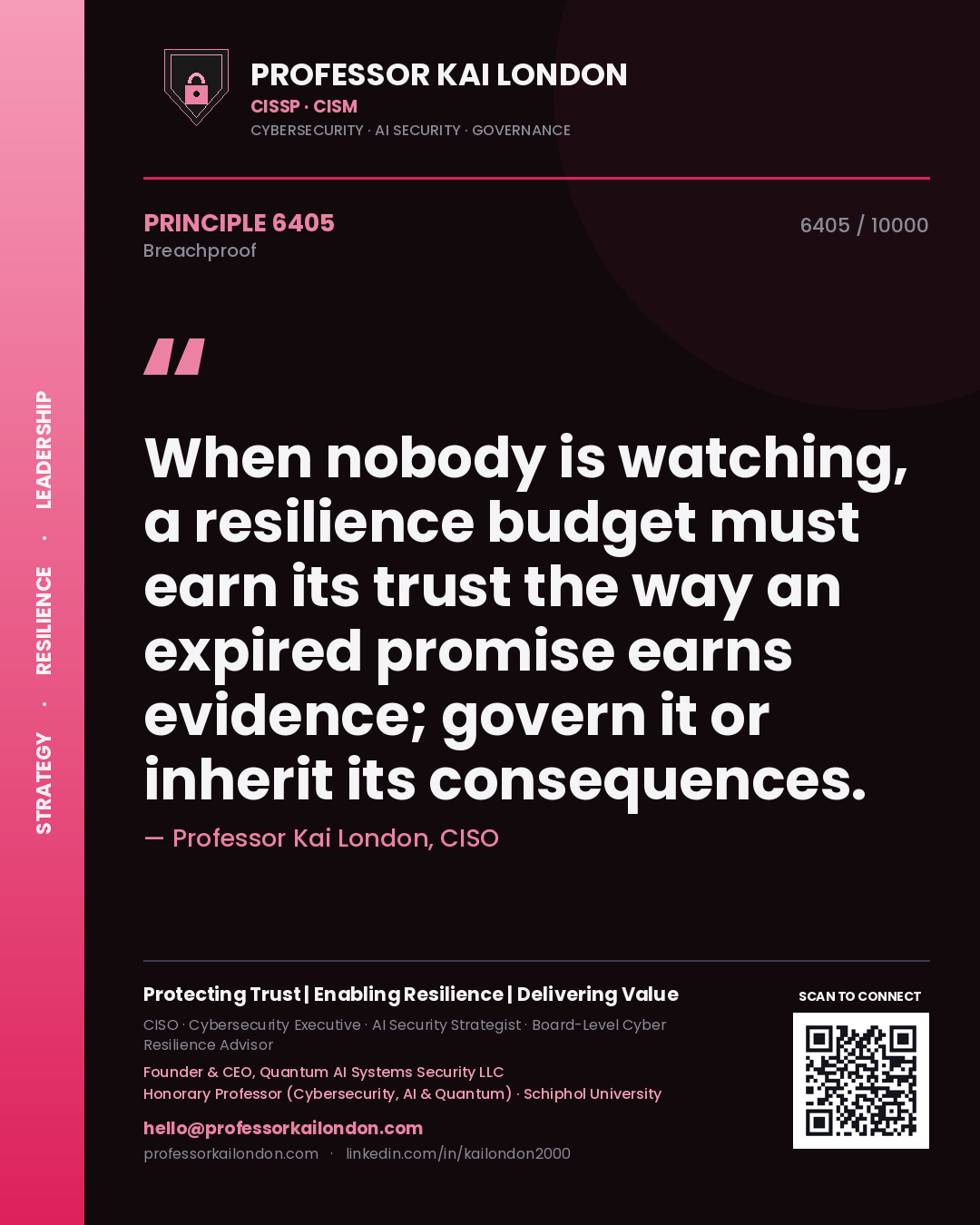 Professor Kai London principle 6405: When nobody is watching, a resilience budget must earn its trust the way an expired promise earns evidence; govern it or inherit its consequences.