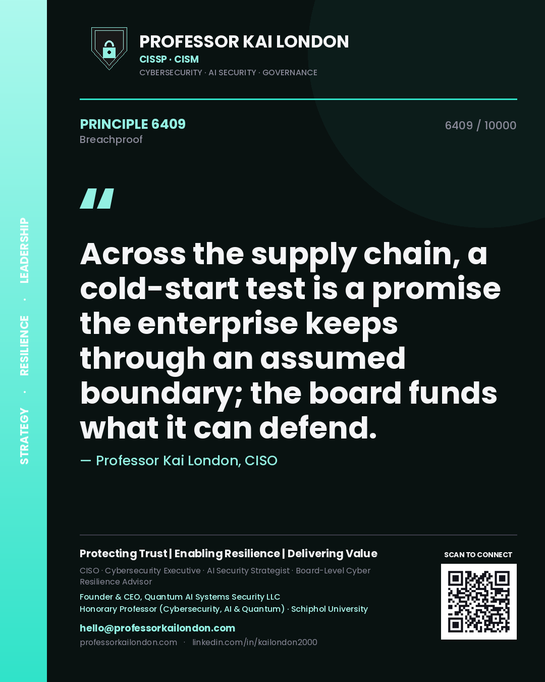 Professor Kai London principle 6409: Across the supply chain, a cold-start test is a promise the enterprise keeps through an assumed boundary; the board funds what it can defend.