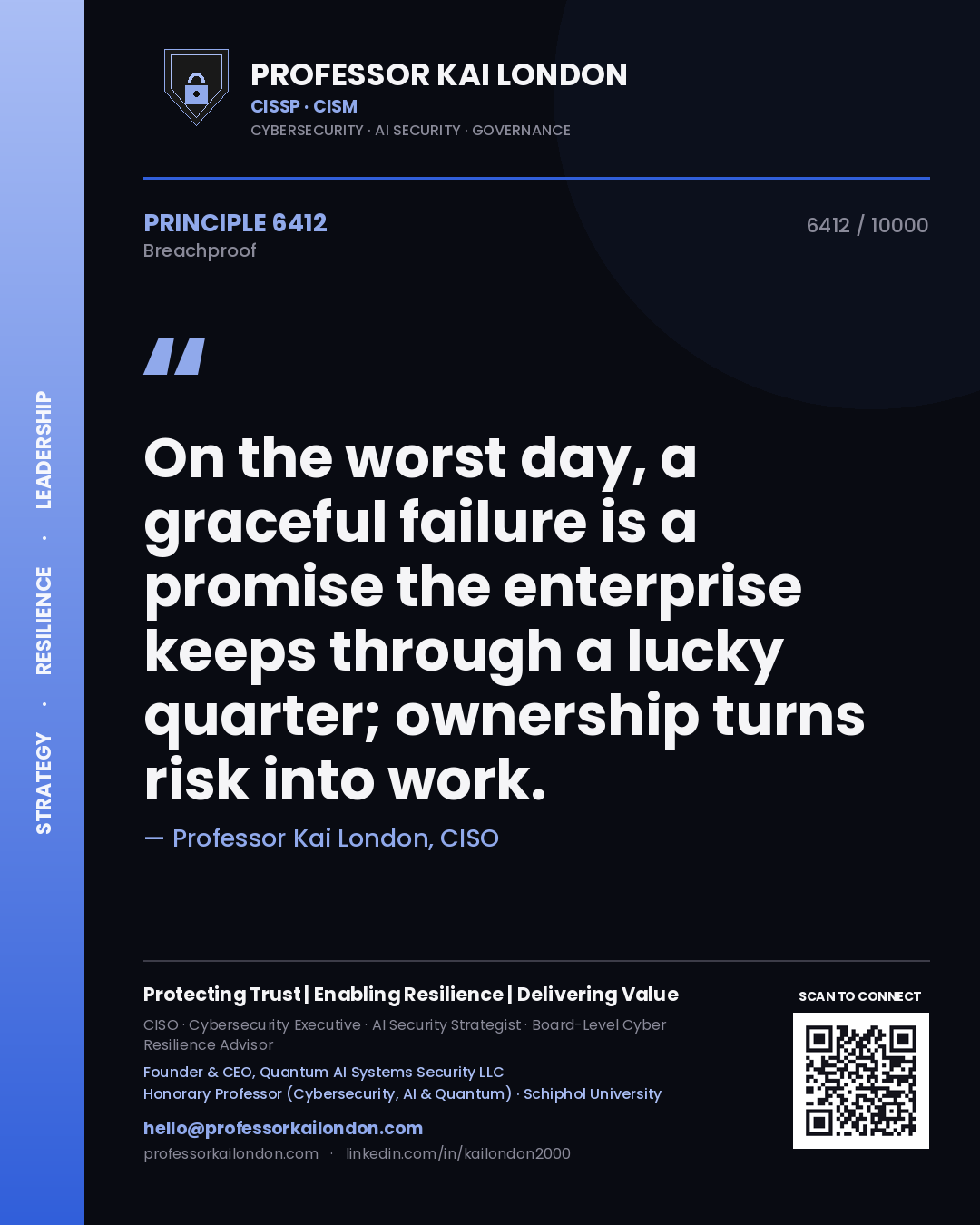 Professor Kai London principle 6412: On the worst day, a graceful failure is a promise the enterprise keeps through a lucky quarter; ownership turns risk into work.