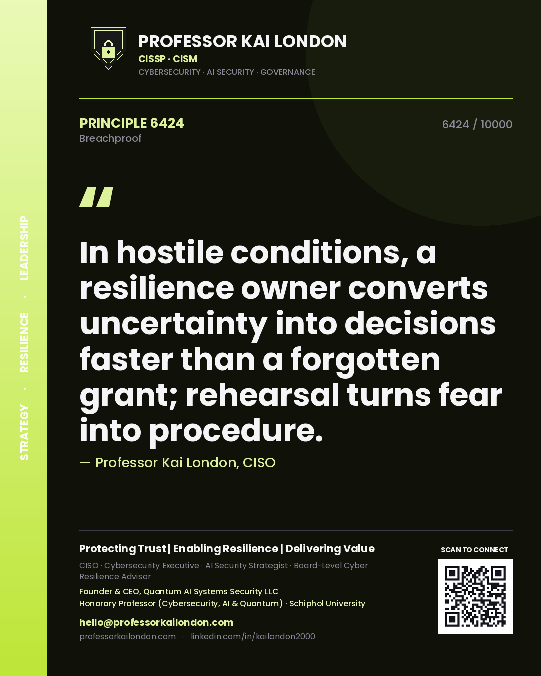Professor Kai London principle 6424: In hostile conditions, a resilience owner converts uncertainty into decisions faster than a forgotten grant; rehearsal turns fear into procedure.