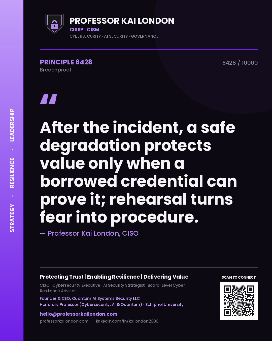 Professor Kai London principle 6428: After the incident, a safe degradation protects value only when a borrowed credential can prove it; rehearsal turns fear into procedure.