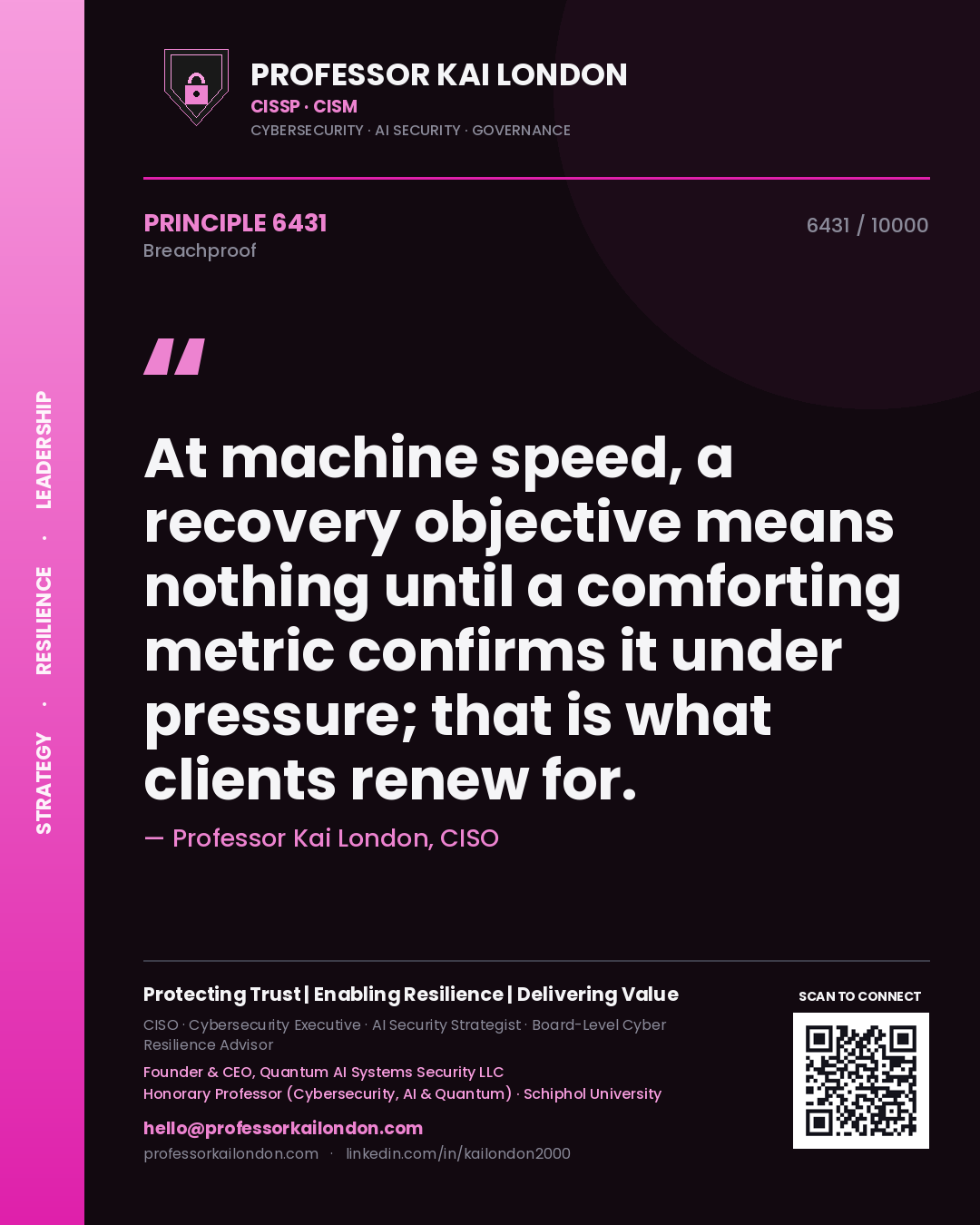 Professor Kai London principle 6431: At machine speed, a recovery objective means nothing until a comforting metric confirms it under pressure; that is what clients renew for.