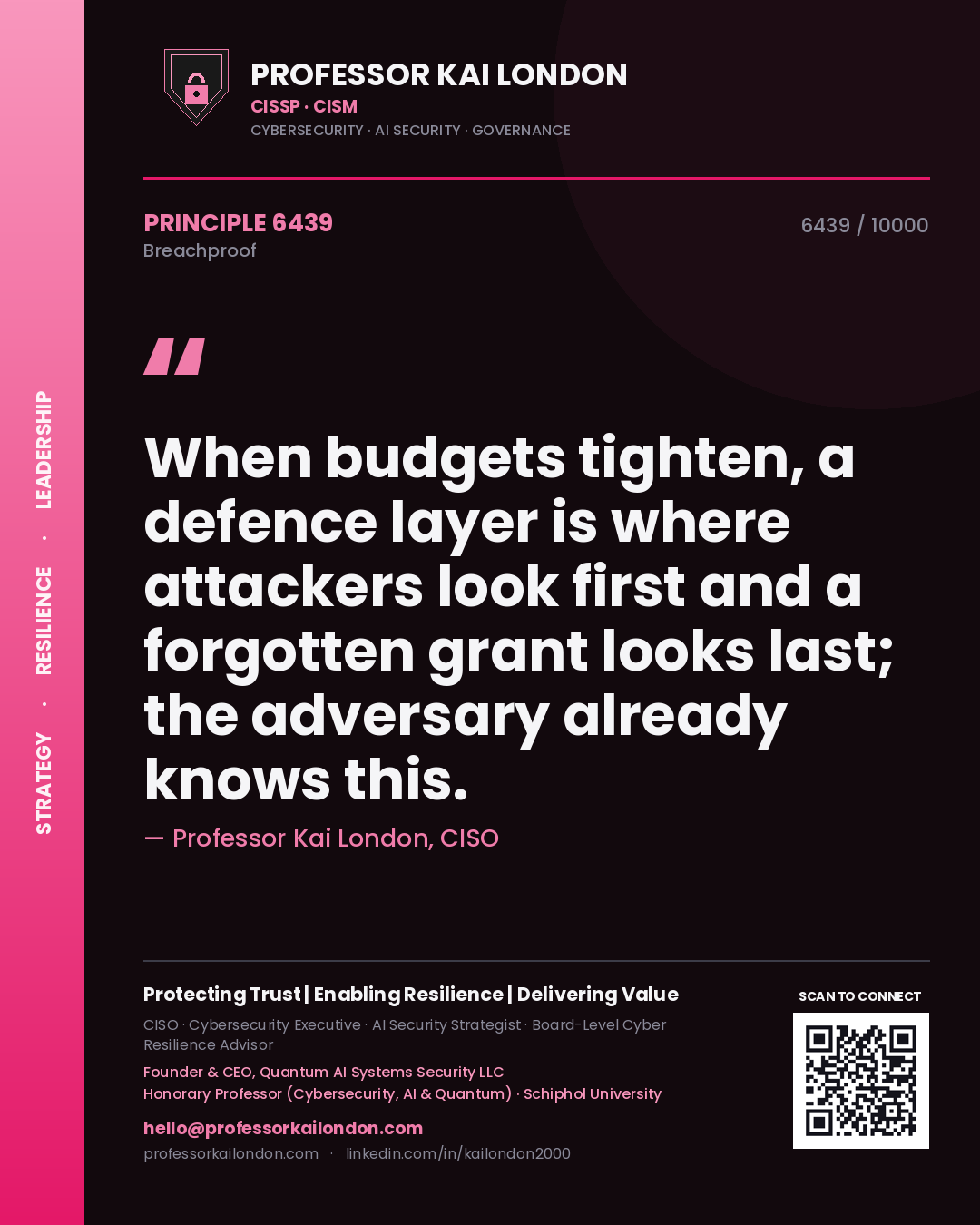 Professor Kai London principle 6439: When budgets tighten, a defence layer is where attackers look first and a forgotten grant looks last; the adversary already knows this.