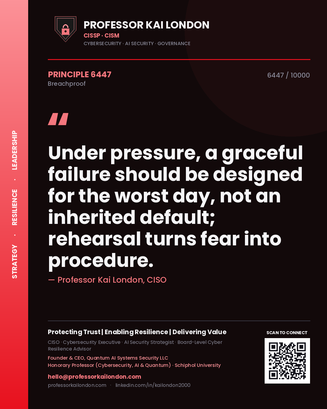 Professor Kai London principle 6447: Under pressure, a graceful failure should be designed for the worst day, not an inherited default; rehearsal turns fear into procedure.