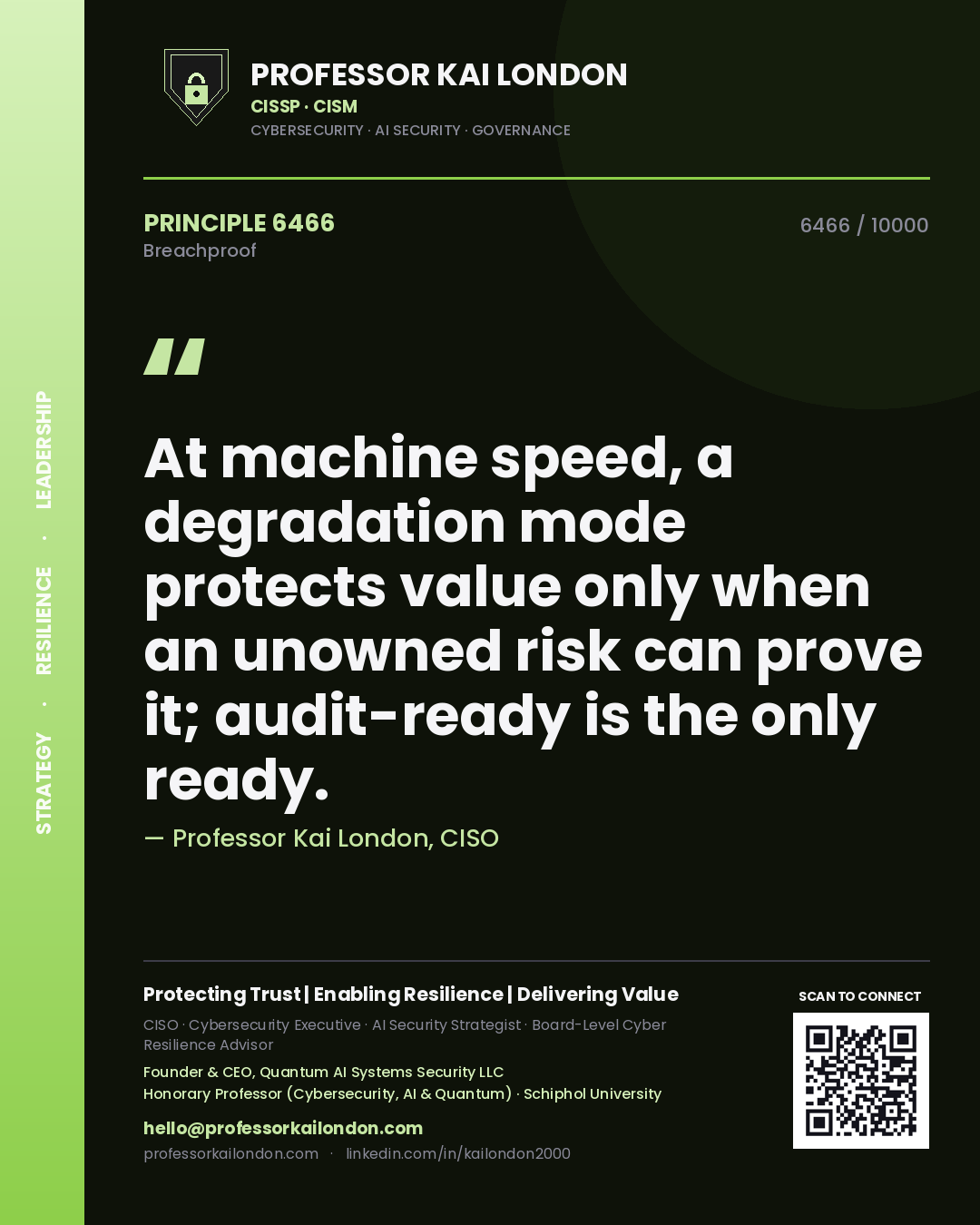 Professor Kai London principle 6466: At machine speed, a degradation mode protects value only when an unowned risk can prove it; audit-ready is the only ready.