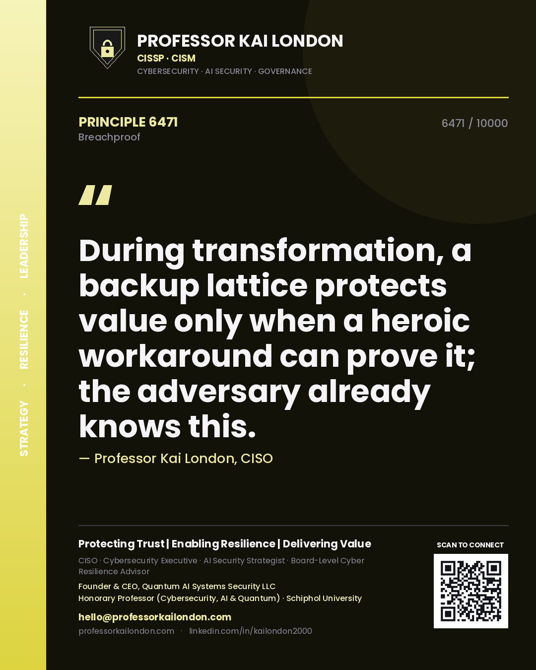 Professor Kai London principle 6471: During transformation, a backup lattice protects value only when a heroic workaround can prove it; the adversary already knows this.