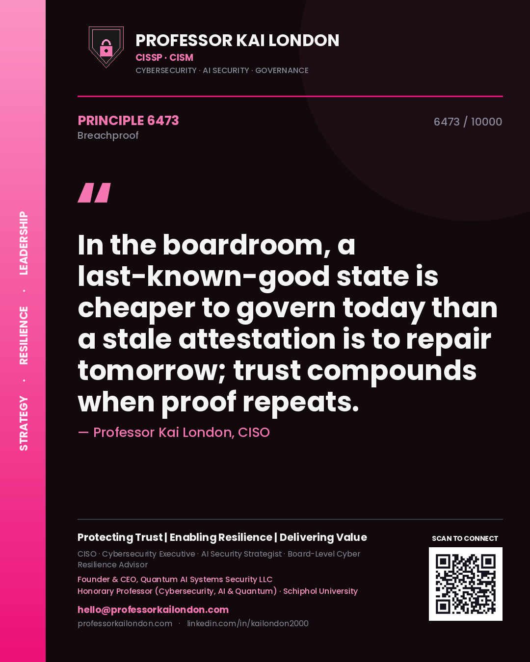 Professor Kai London principle 6473: In the boardroom, a last-known-good state is cheaper to govern today than a stale attestation is to repair tomorrow; trust compounds when proof repeats.