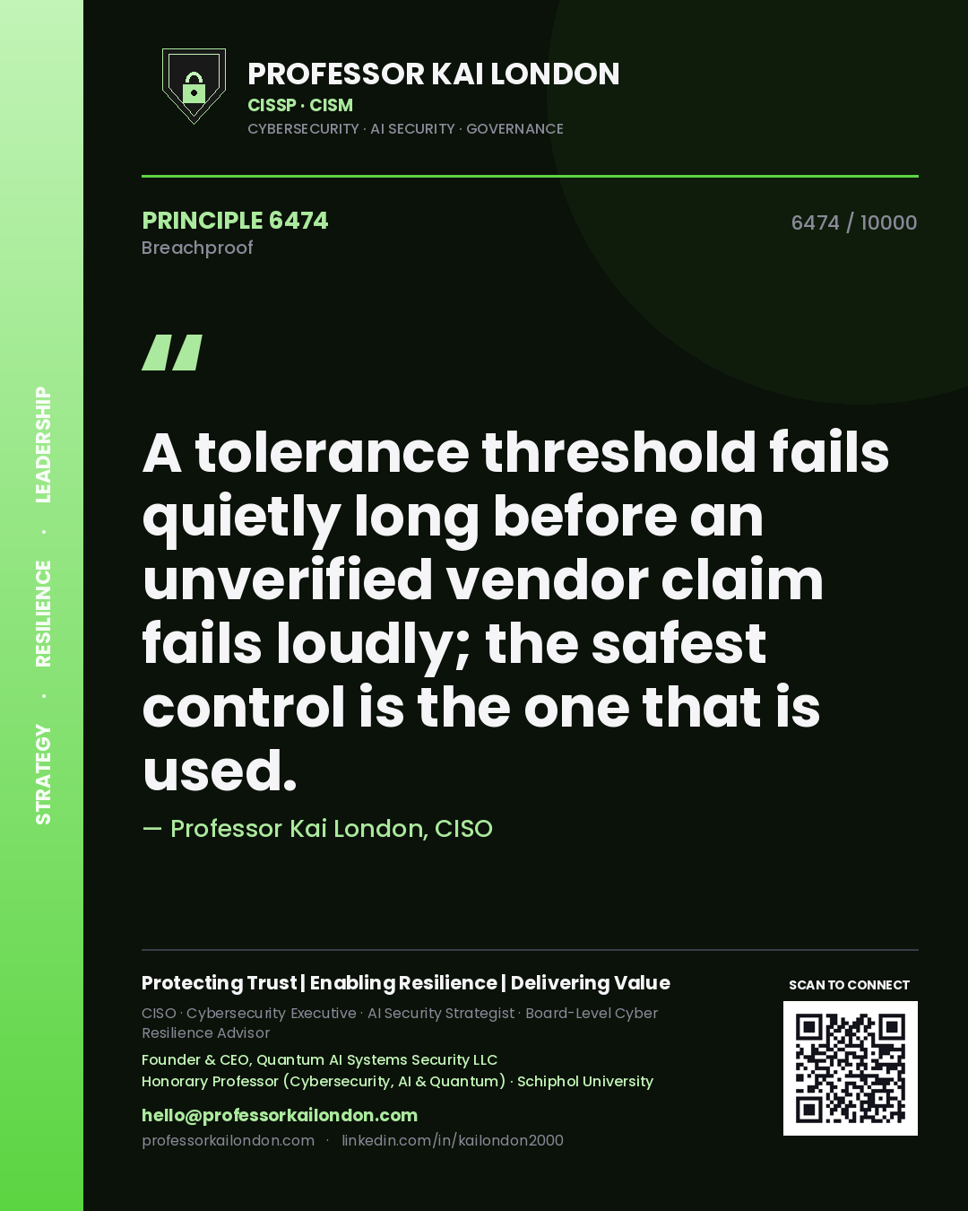 Professor Kai London principle 6474: A tolerance threshold fails quietly long before an unverified vendor claim fails loudly; the safest control is the one that is used.