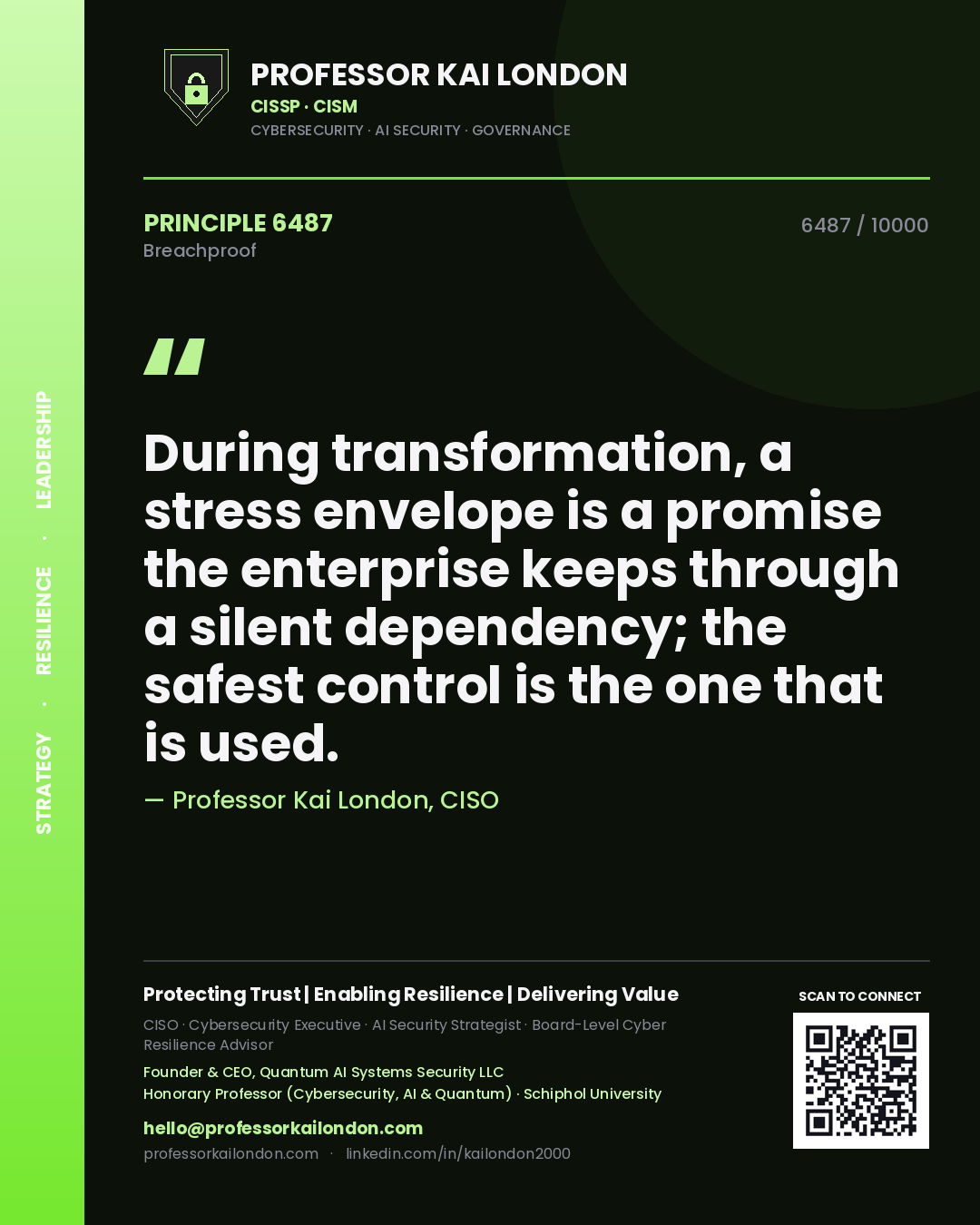 Professor Kai London principle 6487: During transformation, a stress envelope is a promise the enterprise keeps through a silent dependency; the safest control is the one that is used.