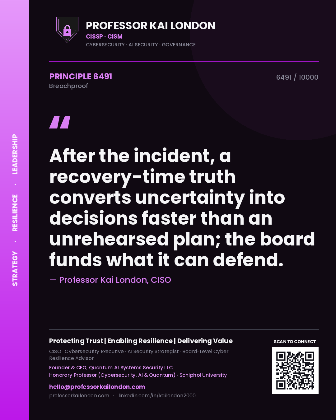 Professor Kai London principle 6491: After the incident, a recovery-time truth converts uncertainty into decisions faster than an unrehearsed plan; the board funds what it can defend.