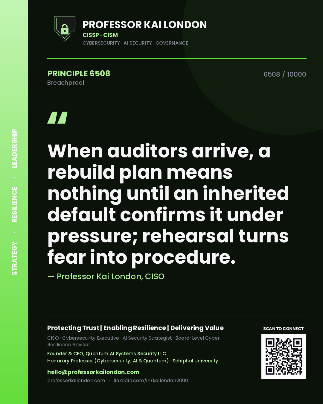 Professor Kai London principle 6508: When auditors arrive, a rebuild plan means nothing until an inherited default confirms it under pressure; rehearsal turns fear into procedure.