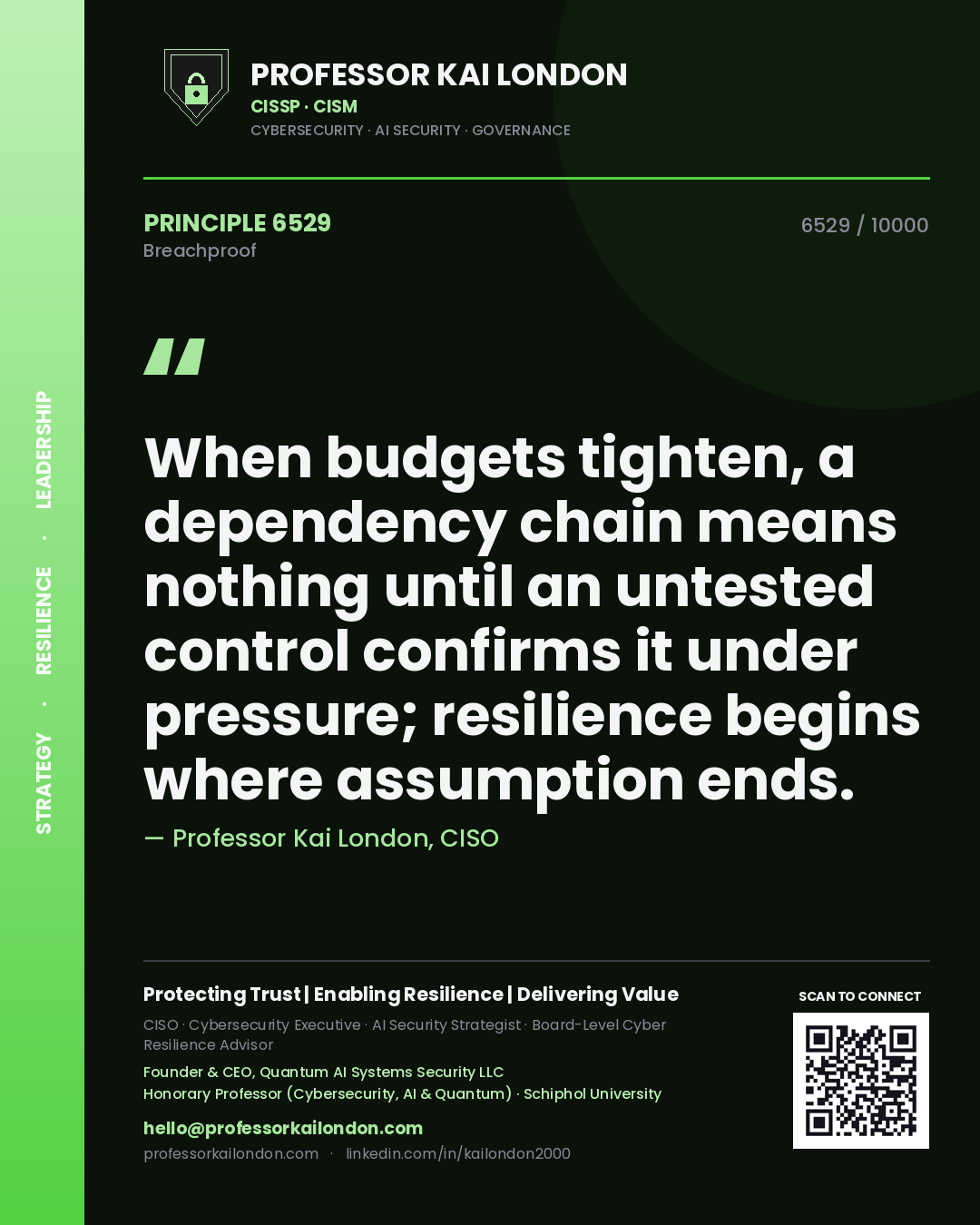Professor Kai London principle 6529: When budgets tighten, a dependency chain means nothing until an untested control confirms it under pressure; resilience begins where assumption ends.
