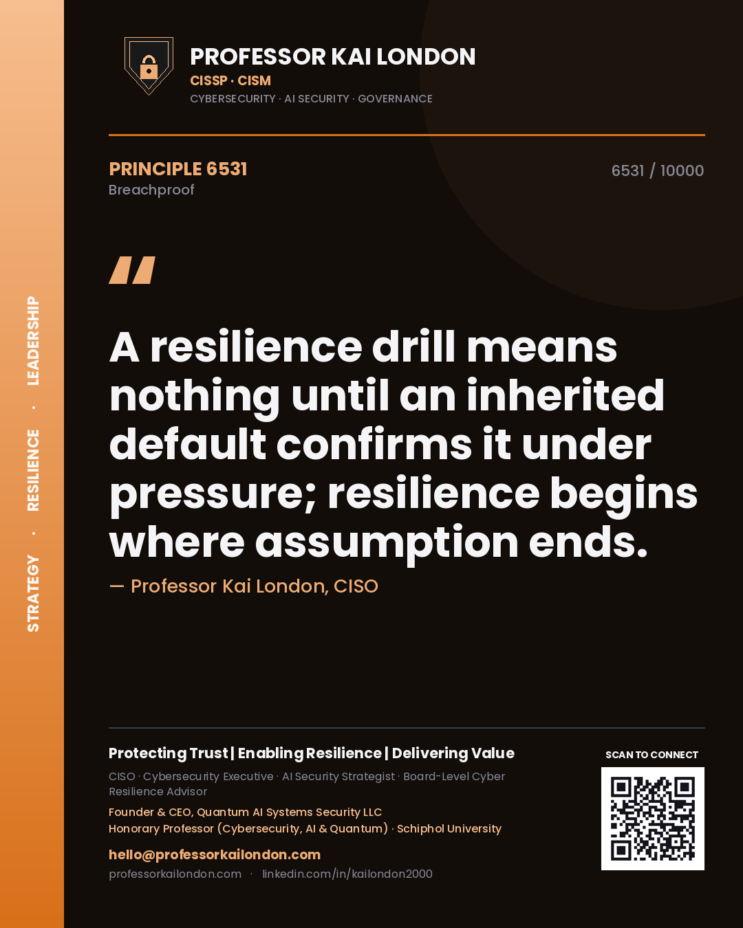 Professor Kai London principle 6531: A resilience drill means nothing until an inherited default confirms it under pressure; resilience begins where assumption ends.
