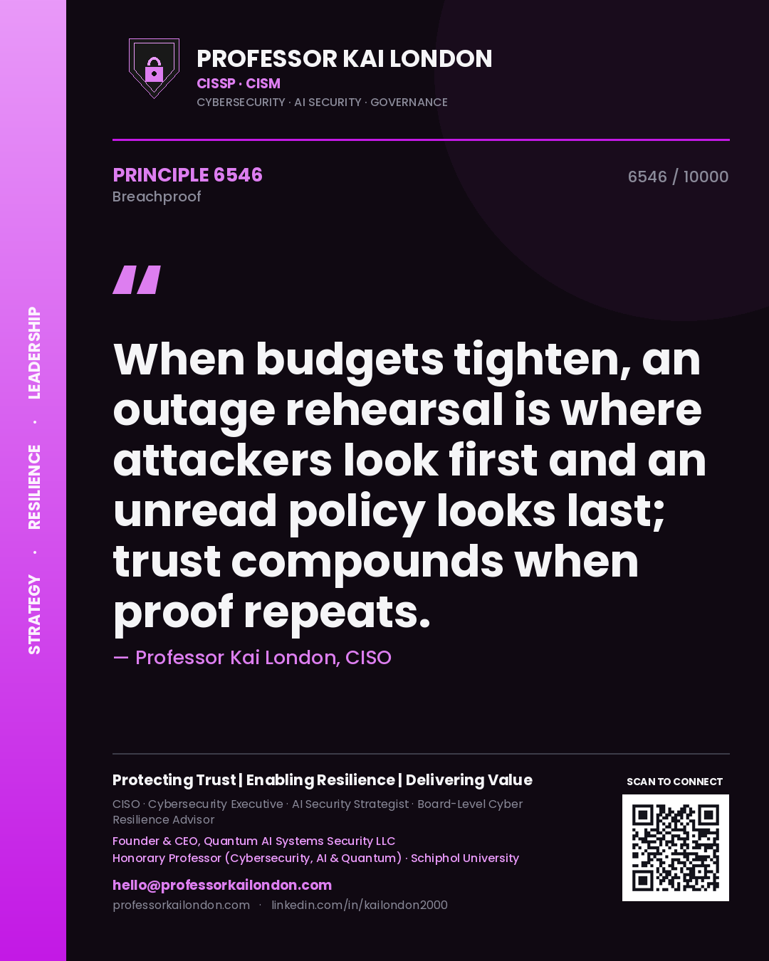 Professor Kai London principle 6546: When budgets tighten, an outage rehearsal is where attackers look first and an unread policy looks last; trust compounds when proof repeats.