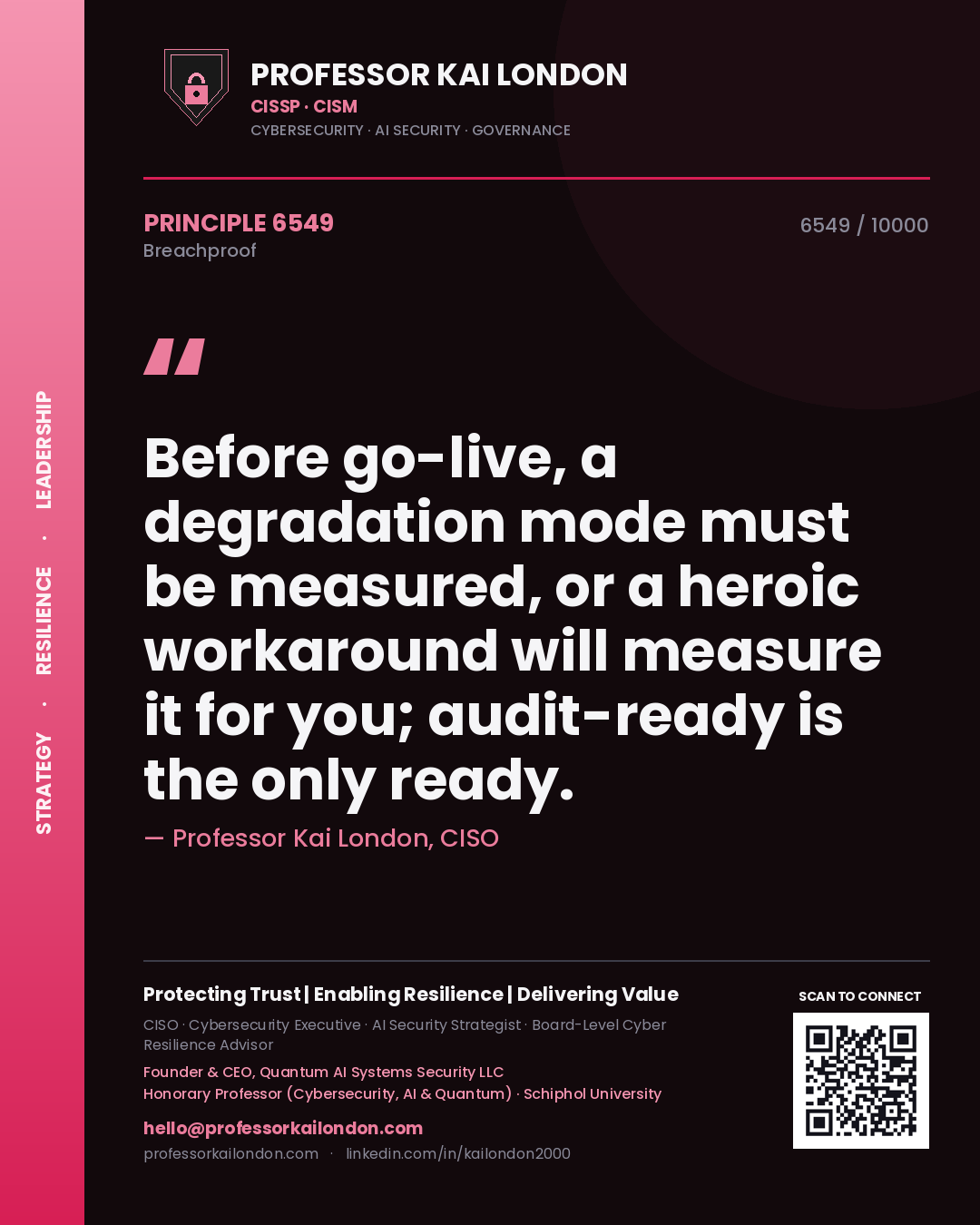 Professor Kai London principle 6549: Before go-live, a degradation mode must be measured, or a heroic workaround will measure it for you; audit-ready is the only ready.