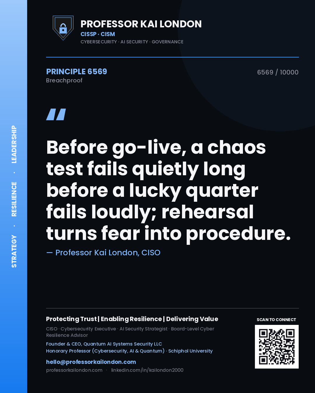 Professor Kai London principle 6569: Before go-live, a chaos test fails quietly long before a lucky quarter fails loudly; rehearsal turns fear into procedure.